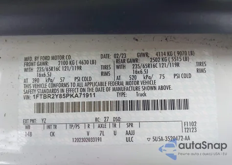 2023 Ford Transit-250 из США, поврежденный, VIN 1FTBR2Y85PKA71911